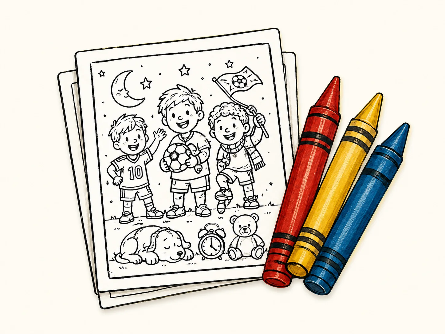 Soccer sleepover coloring pages with children, a soccer ball, bedtime toys and crayons